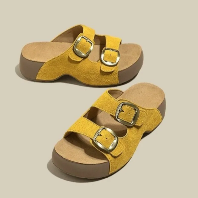 

Metal Buckle Wedge Slippers Summer New Round Toe Open Toe Platform Non-slip Sandals