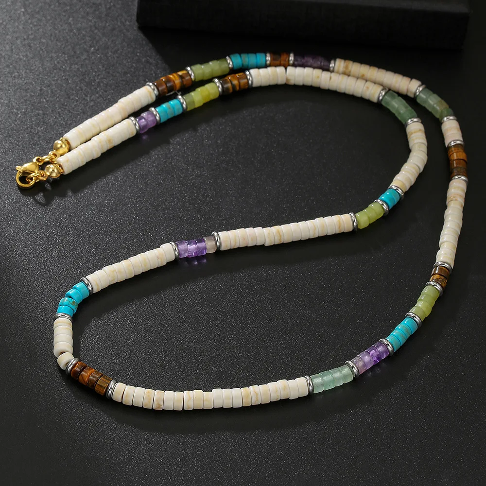 Vintage Herren Halskette mit Natursteinperlen, Bohemian Edelstahl-Holzscheiben-Halskette, Modeschmuck-Accessoires – Detail 4