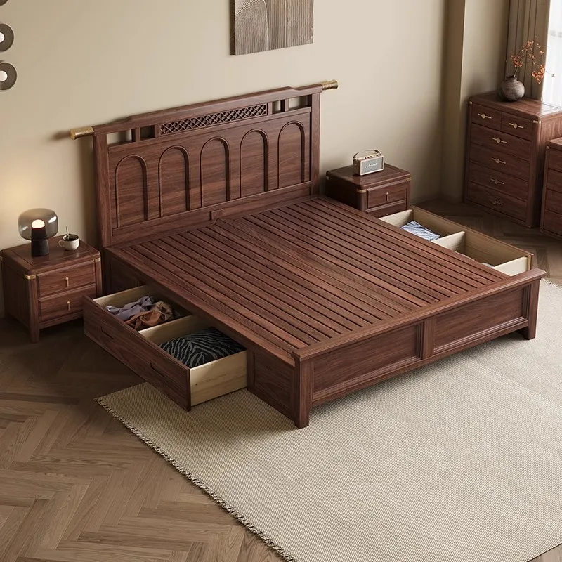 Anpassbares, modernes, einfaches, doppeltes Hochzeitsbett aus schwarzem Walnussholz, Luftdruck, hohe Aufbewahrungsbox, Retro-Licht, luxuriöse Schlafzimmermöbel
