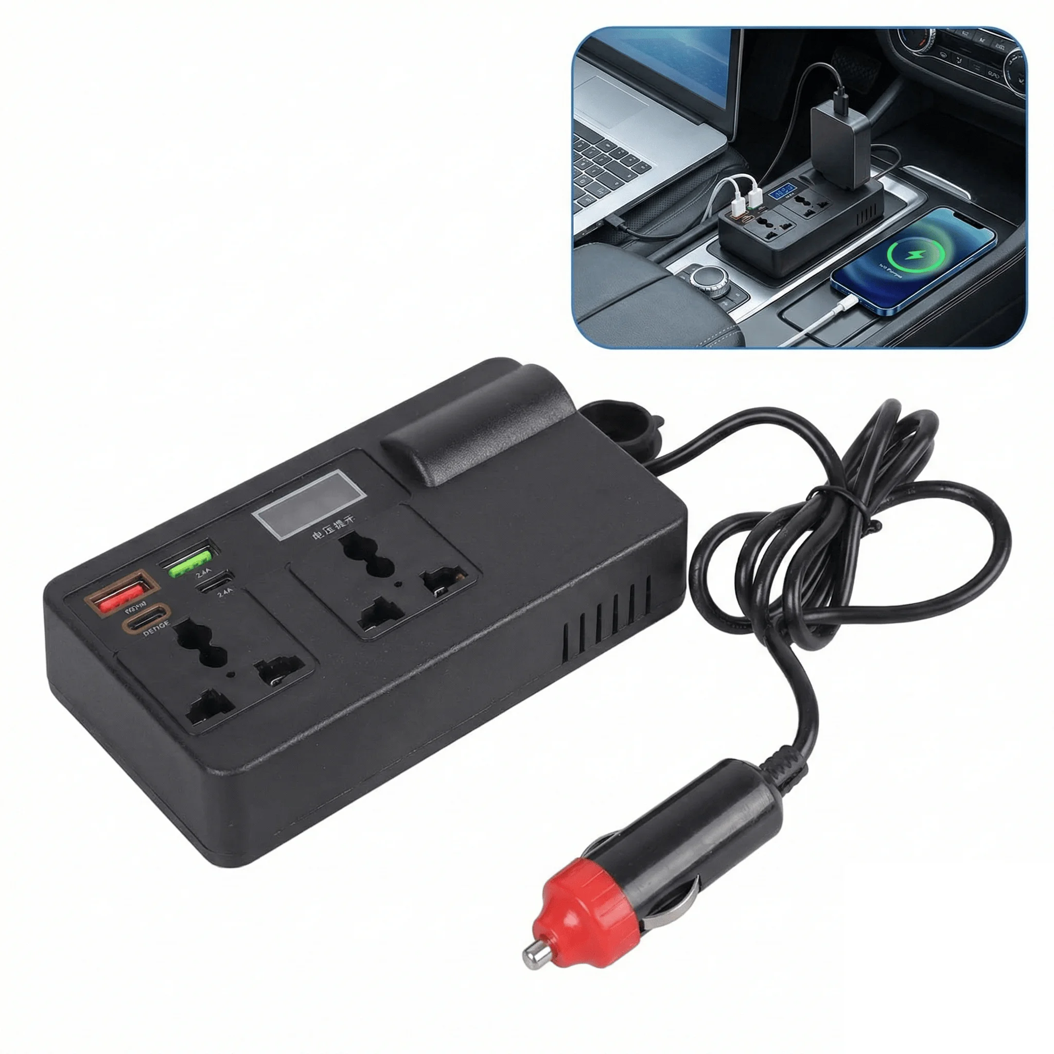 

Автомобильный инвертор 12В/24В в 220В, адаптер для автомобиля с PD30W Type-C и QC3.0 USB, преобразователь DC в AC с LED-дисплеем для ноутбука