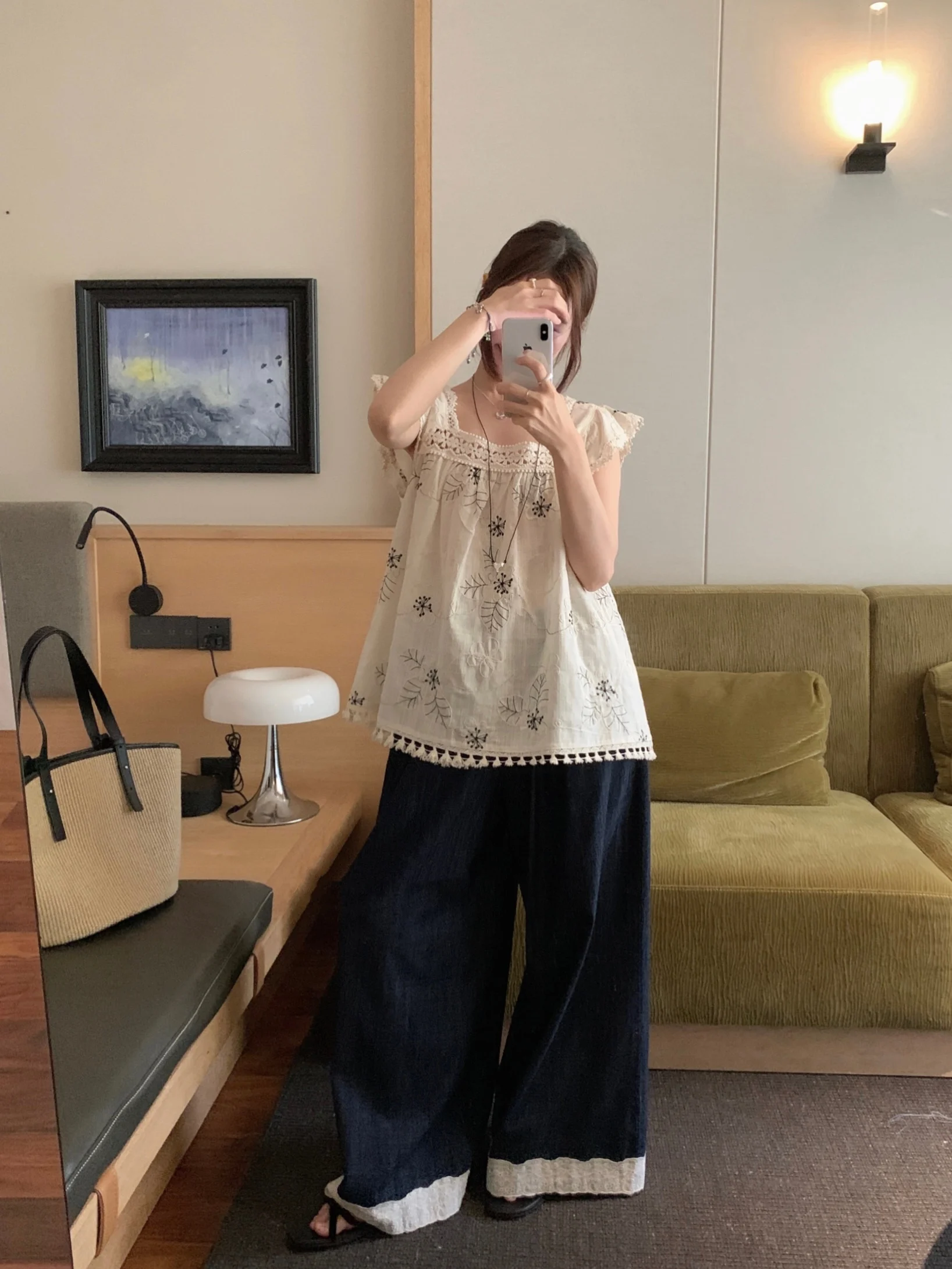 

Heavy Embroidery Flounce Sleeve Shirt And High Waist Wide Leg Pants Set Summer Spring Loose Fit Fashion Women's Two-Piece Suit