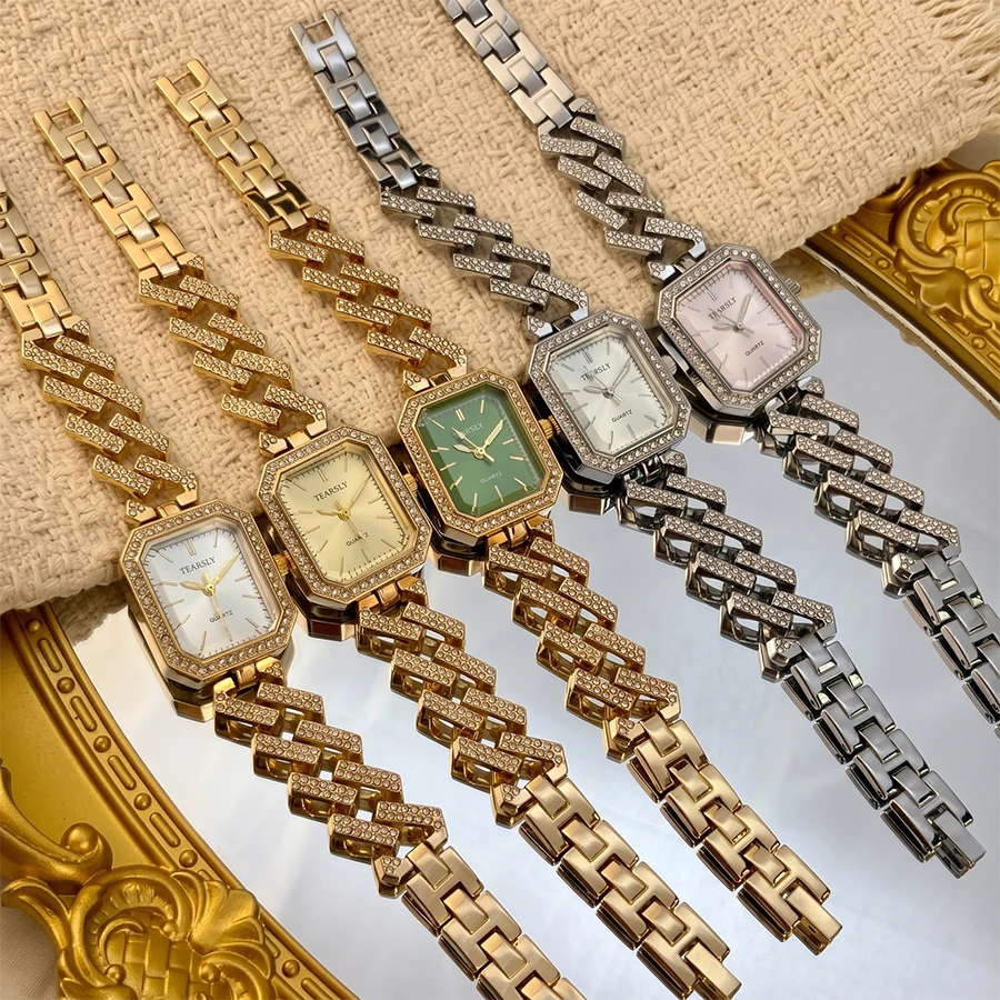 ‌Elegant Rectangular Diamond Dial Diamond Cuban Link Bracelet Gold Watch for Woman