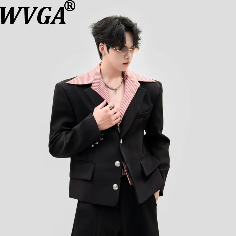 WVGA Spring Autumn New Men Korean Style Fake Two-piece Striped Lapel Patchwork Blazer Niche Chic Casual Short Jackets Ins W27154