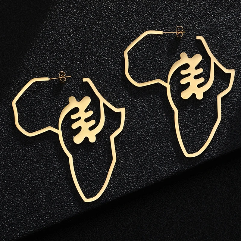 Auxauxme Personalized Custom Names Africa Map Hoop Earrings for Women Stainless Steel Customized Name Studs Ethnic Jewelry Gifts
