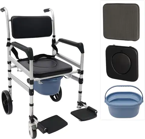 3 in 1 Foldable Commode Shower Wheelchair Height Adjustable Bedside Toilet Chair Aluminum Alloy with Lockable Wheels Max 150kg Load Seat Width 42cm Mobile Potty Chair for Elderly Disabled Pregnant Women