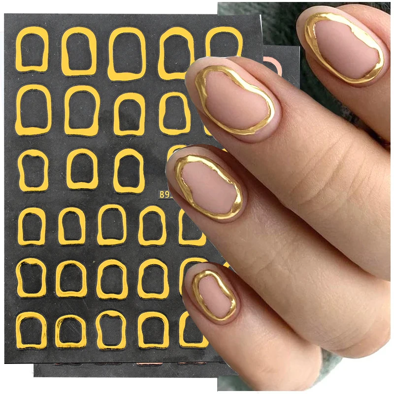 Gold Silver Irregular Geometric Figures Nail Art Stickers Hollow Metal Frame Press on Nails Decals Square Round Manicure Design*