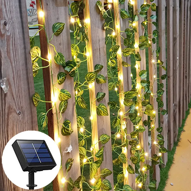 

Светодиодная гирлянда на солнечных батареях с искусственными зелеными листьями и цветами, 10м/5м/2м, для свадьбы, сада, патио, забора, праздников и вечеринок