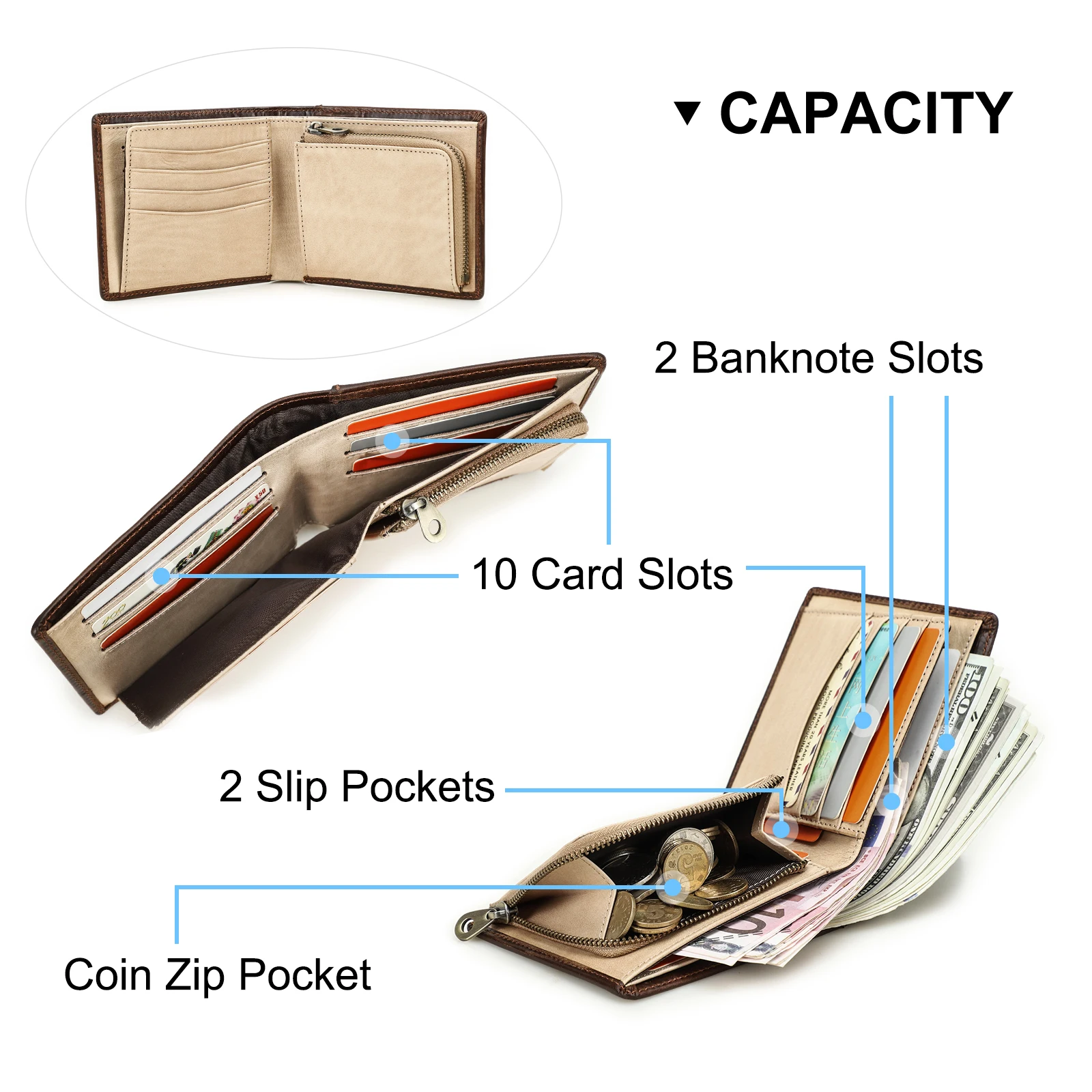 Contact‘s Full Grain Leather Wallet for Men Customized Small Bifold Purse Slim Zipper Coin Pocket Rfid Blocking Card Holder