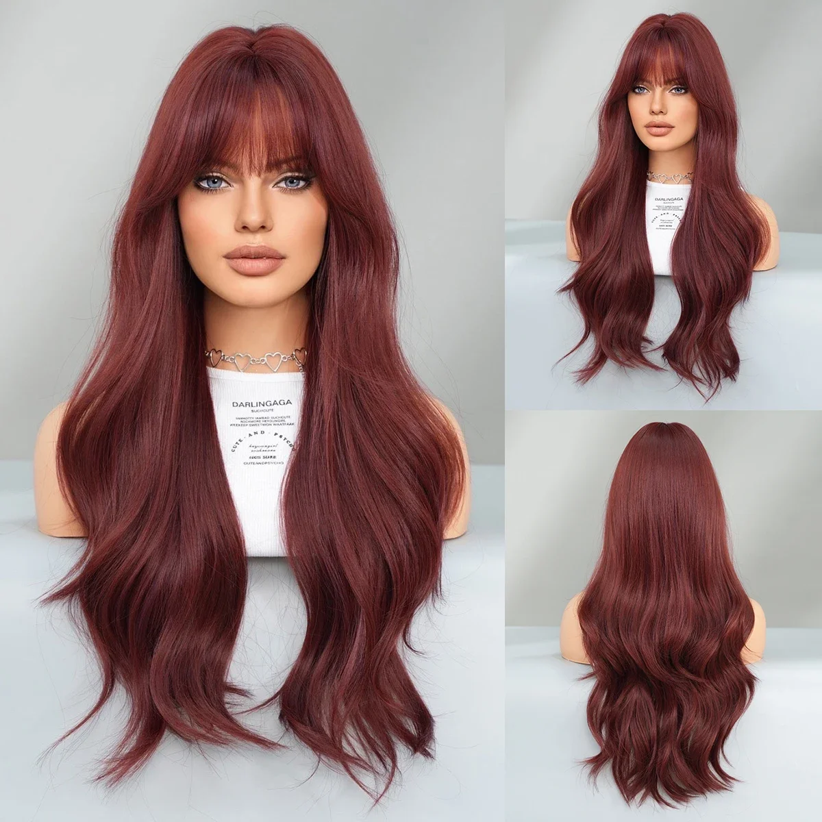 PARK YUN Long Curly Dark Red Wig For Women Daily Cospay Use High Density Synthetic Layered Red Wigs With Bangs Wigs in 28 inches