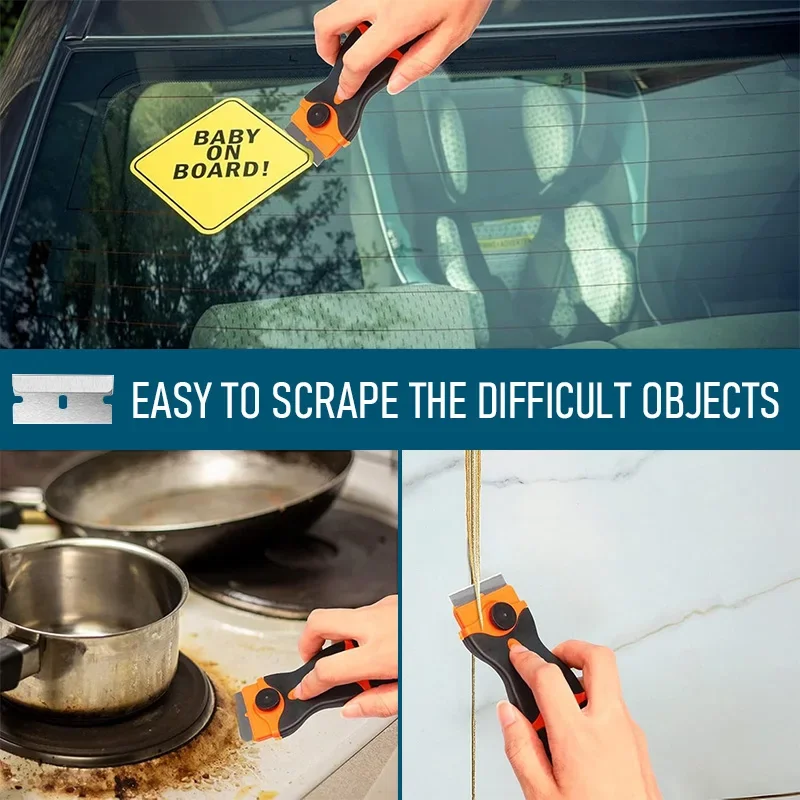 Non Scratch Auto Glass Cleaning Scraper - for Car Windows Stickers & Oven/Hob, Metal+Plastic Blades