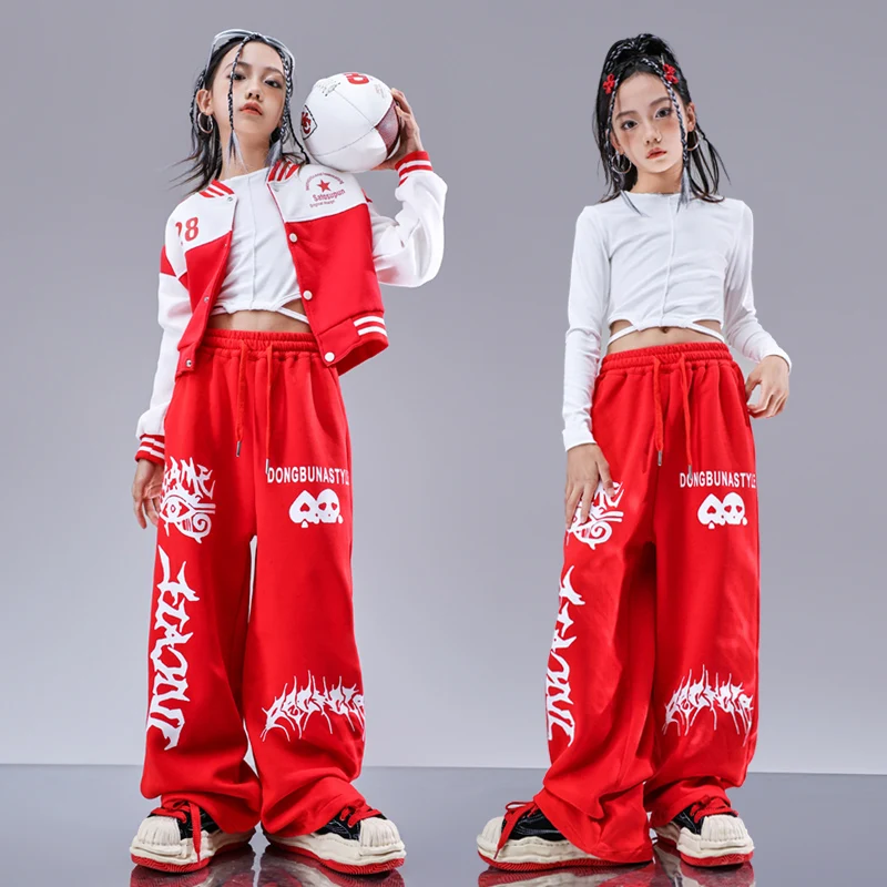 Kids Kpop Street Hip Hop Clothing Red Short Baseball Jacket Tops Casual  Sweat Pants for Girls Jazz Dance Costumes Stage Clothes