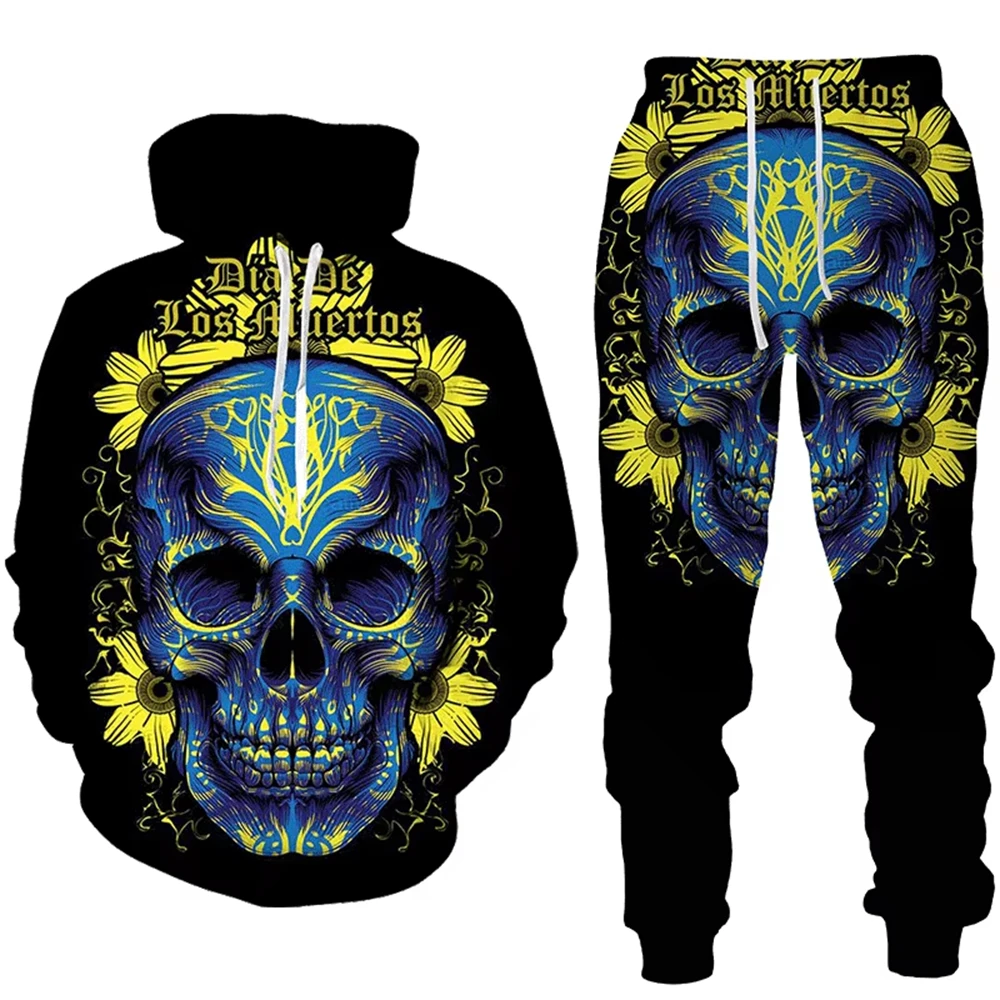 Punk 3D Skull Printed Hoodies Pants Suits Cool Mens Womens Fashion Autumn Winter Casual Pullover Sweatshirts Sets Street Style