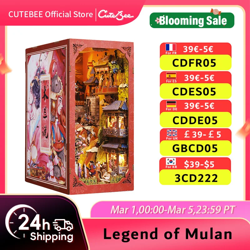 CUTEBEE fai da te Book Nook casa delle bambole in legno con copertura antipolvere leggera inserto per libreria in stile cinese Decor per regalo la leggenda di Mulan