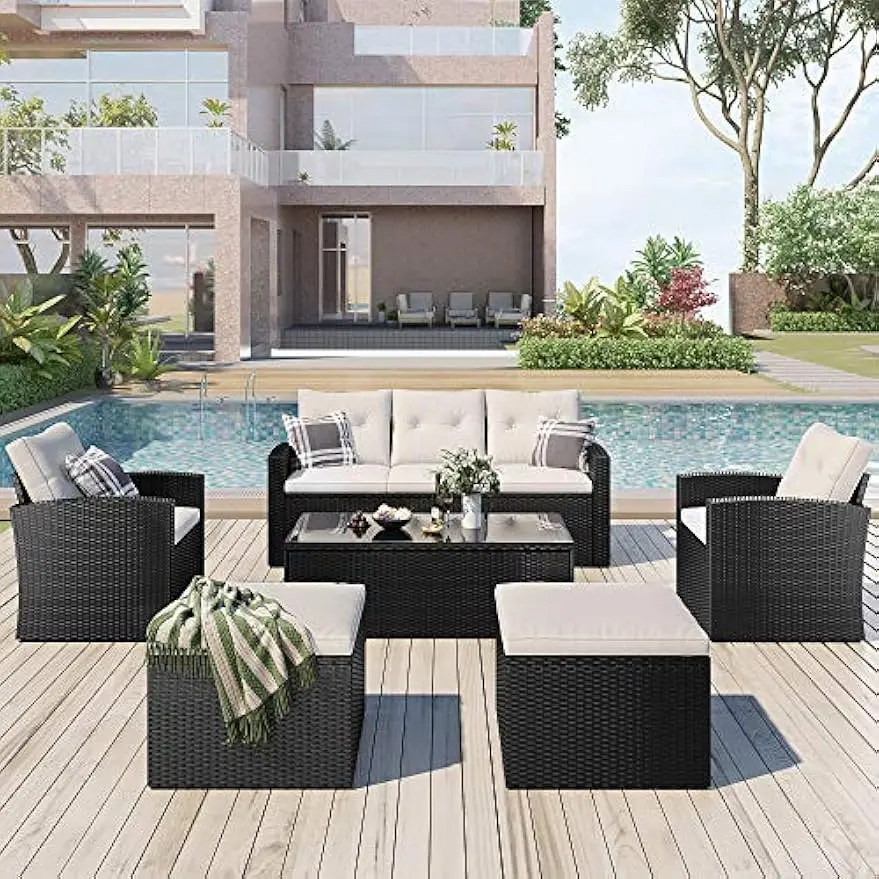 

Merax 6 PCS Outdoor Patio Conversation Sets All-Weather PE Sectional Furniture with Coffee Table, Ottomans, Black Wicker, Beige