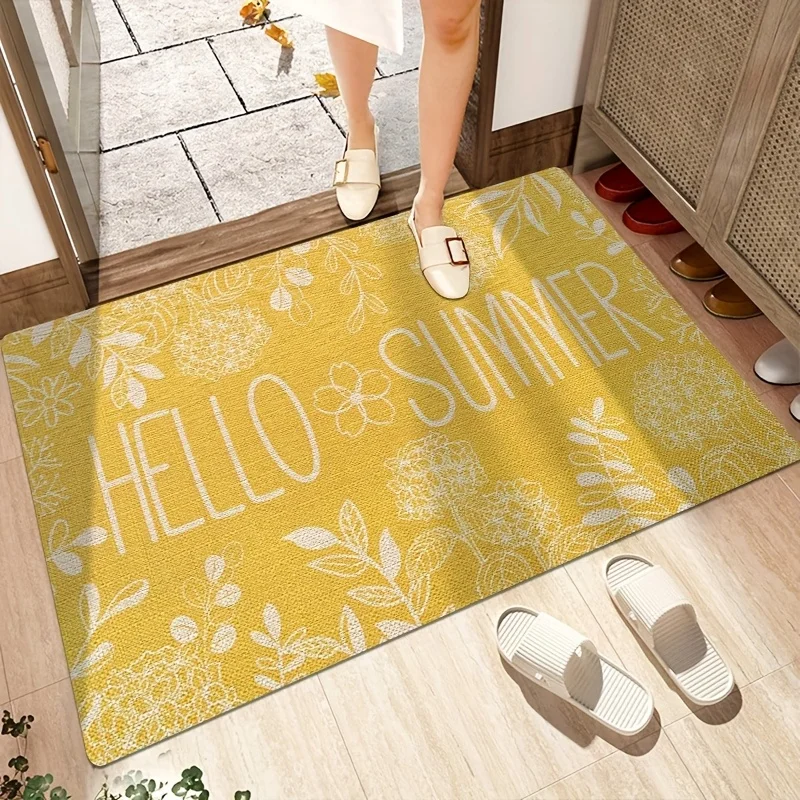 Hello Summer Doormat Yellow Floral Print Non Slip Entry Rug For Front Porch And Seasonal Sunny Home Decor