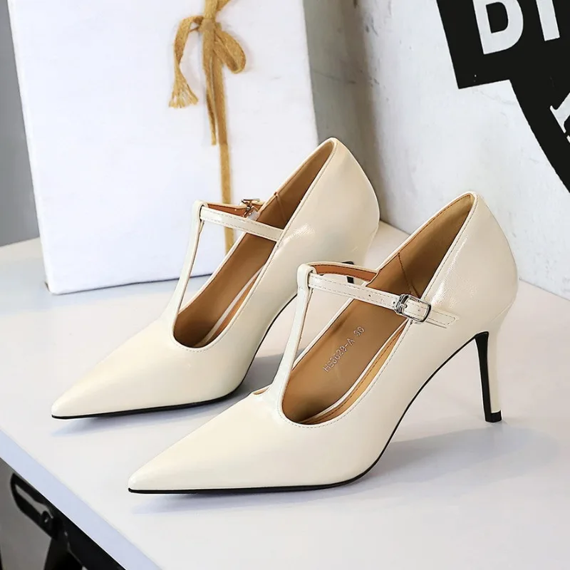 

BIGTREE Shoes 2025 New Women Hollow Pumps Pointed Toe PU 8CM Thin Heels Buckle Strap Sexy Wedding Party Ladies Shoe Creamy-white