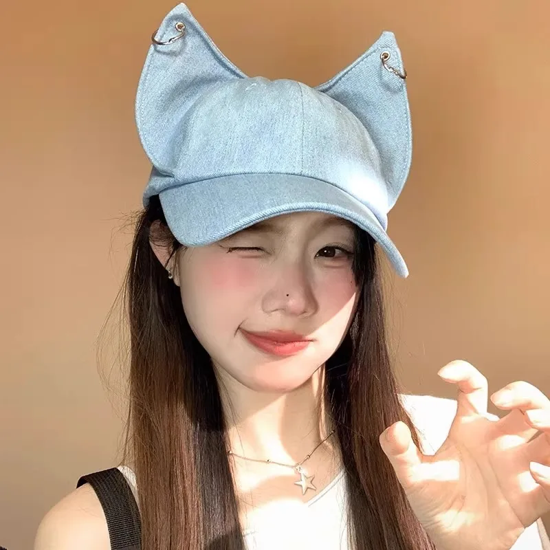 2026 New Personalized Y2k Girl Sweet Cute Stereoscopic Cat Ears Design Niche Denim Hat Cool Hip Hop Cap Versatile Baseball Caps