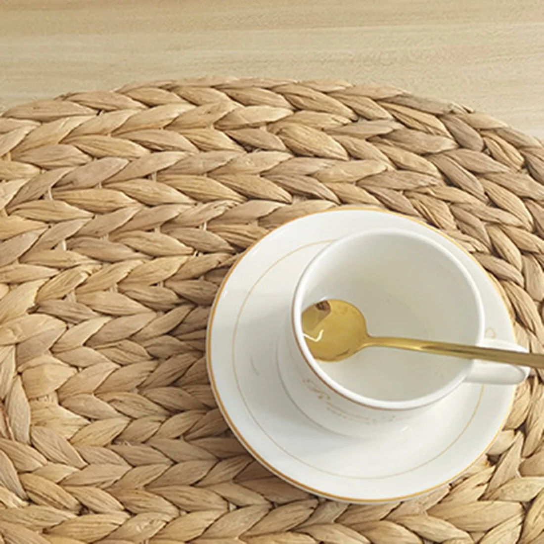Round Woven Rattan Placemats, Natural Wicker Mats, Water Hyacinth Straw Braided Placemats, Set of 6