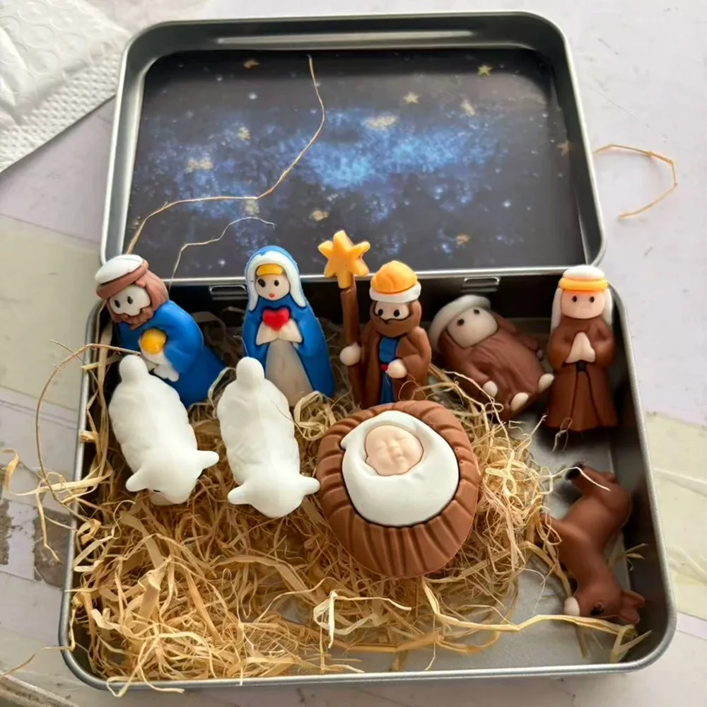 Metal Tin Box Mini Christmas Trough Set Holy Family 3D Printed Nativity Manger Scene Kit Shepherd Animal Hand Painted