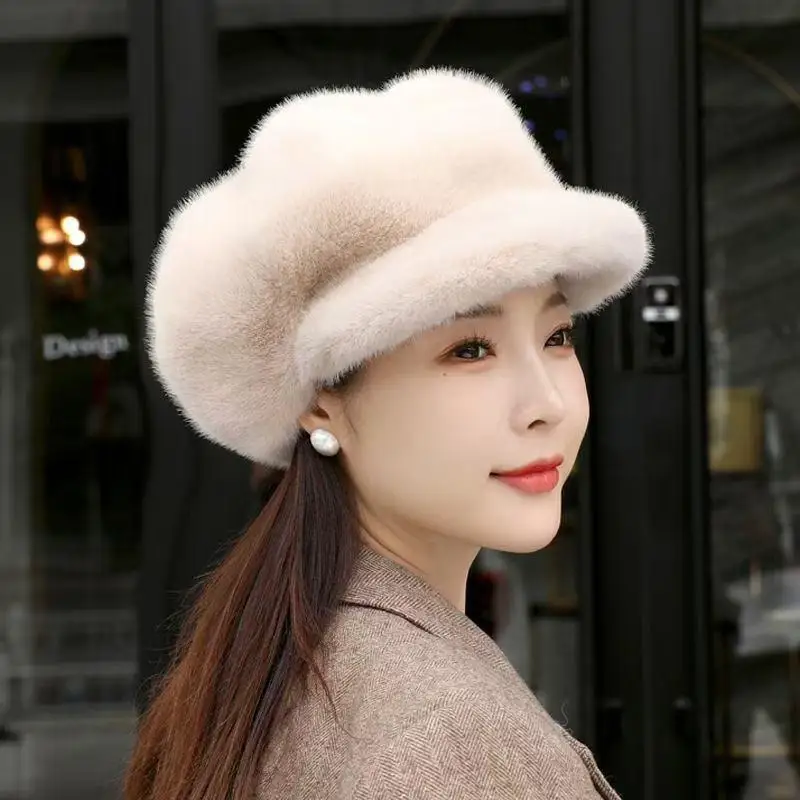 1 szt. Lekka, luksusowa damska czapka z daszkiem, ochrona przed zimnem, damski beret, imitacja norki, jednolity kolor, gruba, ciepła czapka〔CC55〕