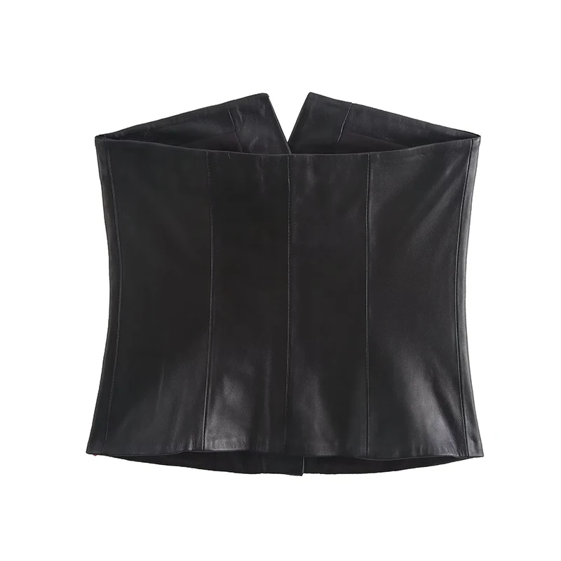 SIYANG Women Fashion Chic Faux Leather Top With Covered Buttons Female Welt Pockets Strapless Tops for Ladies Outwear