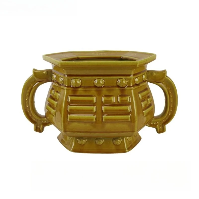 Yellow glazed ceramic incense burner, double-sided carved basin and bowl, environmentally friendly and durable home decoration