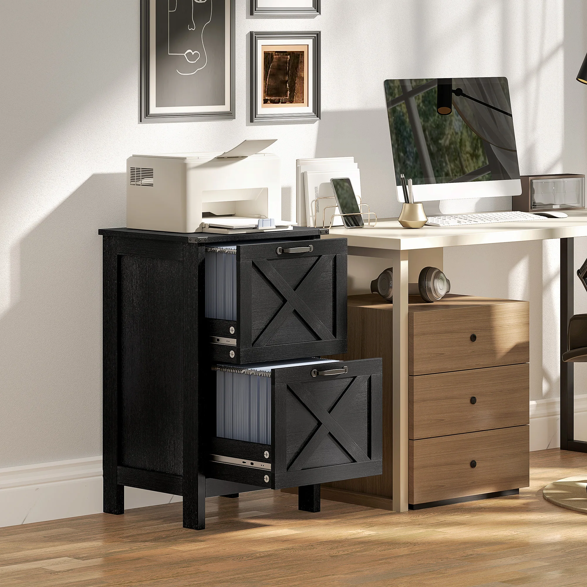 Homcom 2 Drawer Vertical File Cabinet with Silent Slides, Rustic Farmhouse Filing Cabinet with Barn Doors for A4/Letter Size, Printer Stand with Storage for Home Office, Distressed Black