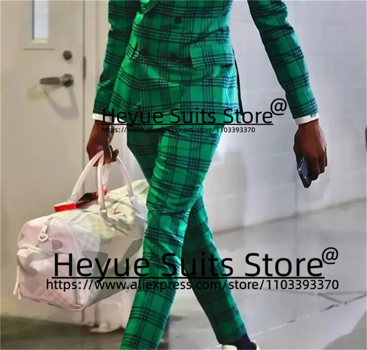 Double-breasted Green Plaid Fashion Men Suits Slim Fit Peak Lapel Groom Formal Tuxedos 2 Pieces Sets traje de hombre elegante