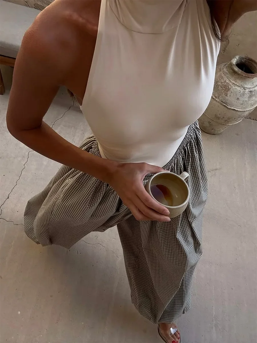 Neue Retro-Braun-Laternenhose für Damen, hohe Taille, trendige, lockere Passform, kariert, Frühling-Sommer-Mode, vielseitige Hose – Detail 18