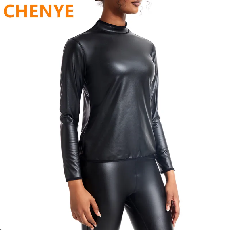 

Women Waist Trainer Slim Tshirt Fashion Shapewear Tops Stand collar Body Shaper Leather Long Sleeves Shirt Motorcycle Biker tops