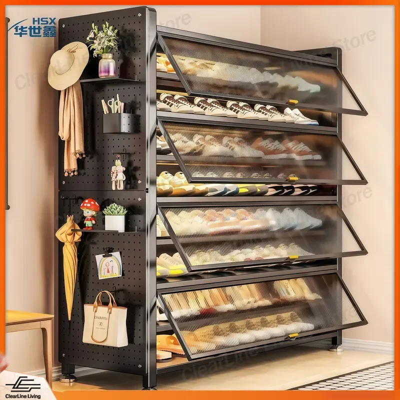 Steel Shoe Cabinet Household Door Storage Integrated Against Wall Entrance Dust-proof Shoe Rack Large Capacity Locker