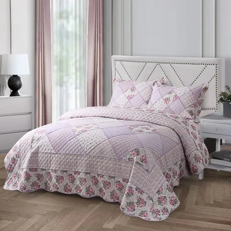 

Floral Cotton Quilt Set 3PCS Bedspread on the Bed Patchwork Queen Size Lightweight Quilted Coverlet Summer Blanket for Bed