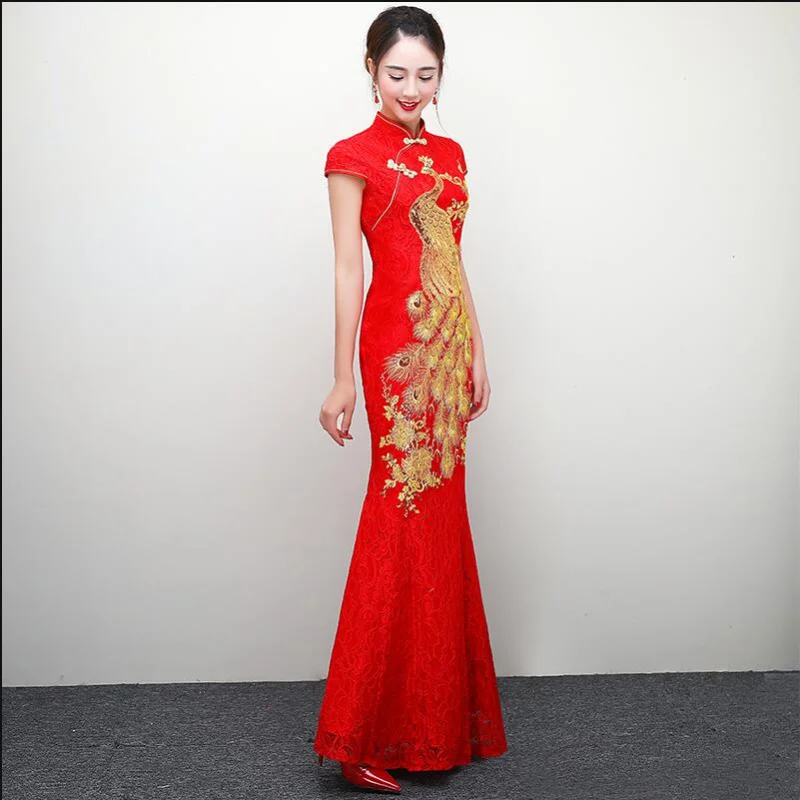 

Red Chinese Wedding Dress Female Long Short Sleeve Cheongsam Gold Slim Traditional Women Qipao for Party