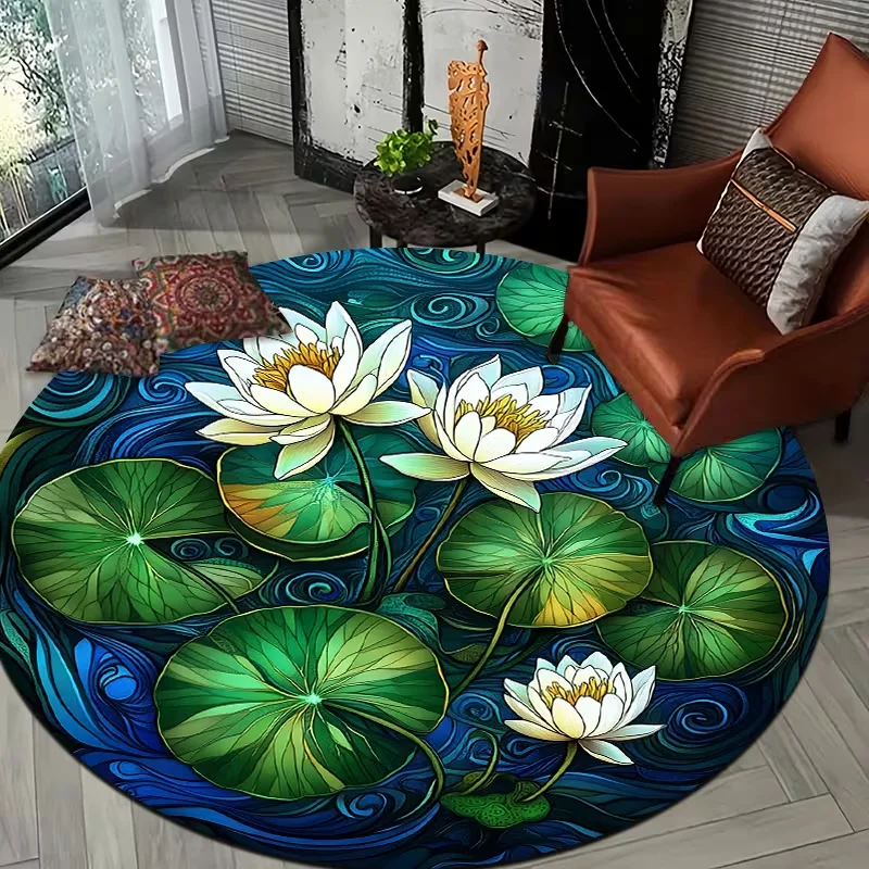 Vintage White Water Lily Lotus Lily Pad Round Rug Swirl Blue Water Background Soft Non Slip Circular Carpet for Living Room