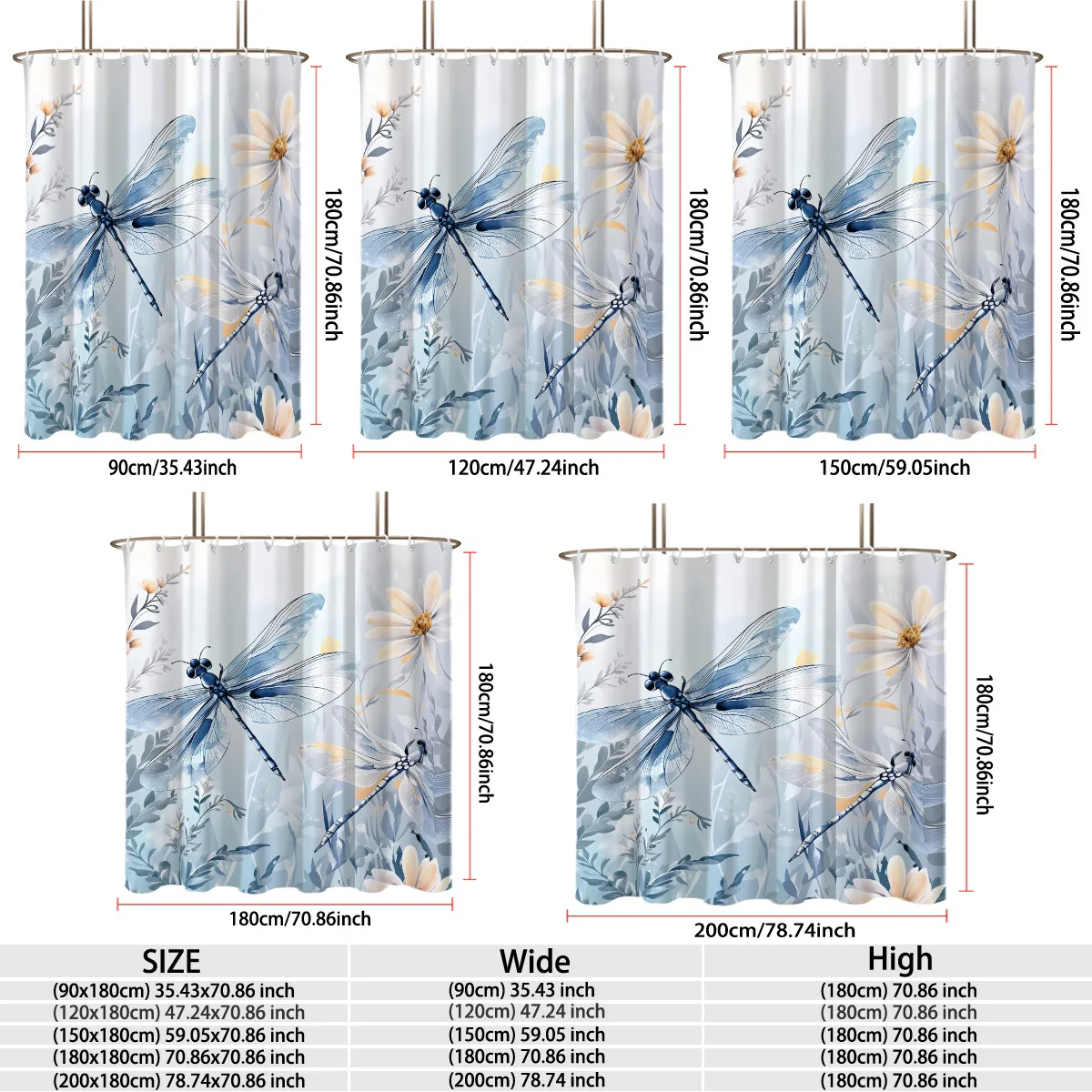Large Dragonfly Floral Print Shower Curtain Waterproof Bathroom Decor Boho Botanical Nature Wall Liner 180x180cm