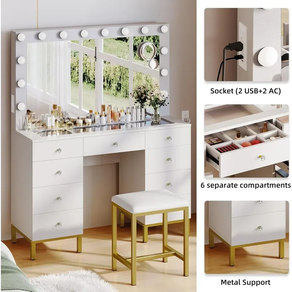 Vanity Desk Set with Mirror Power Outlet, Makeup Mirror Desk Crystal Handle 3 Color Lighting Modes 9 Drawers Magnifying Glass