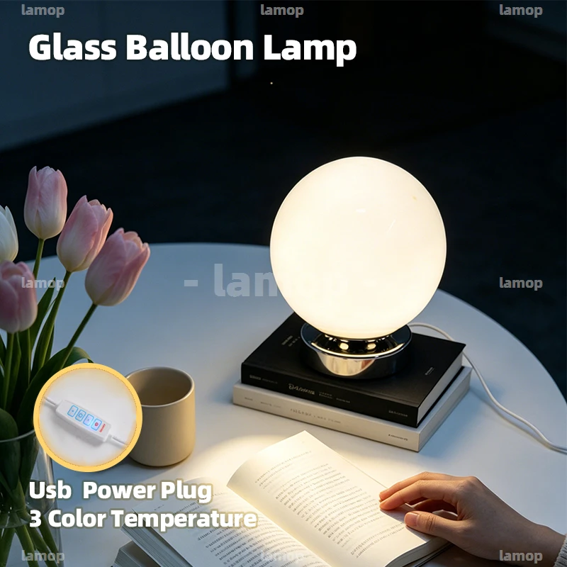 Plump Balloon Glass Table Lamp Modern Minimalist Sturdy Metal Base Desktop Decor Table Lamp for Pastoral‑Style B&B Study Living