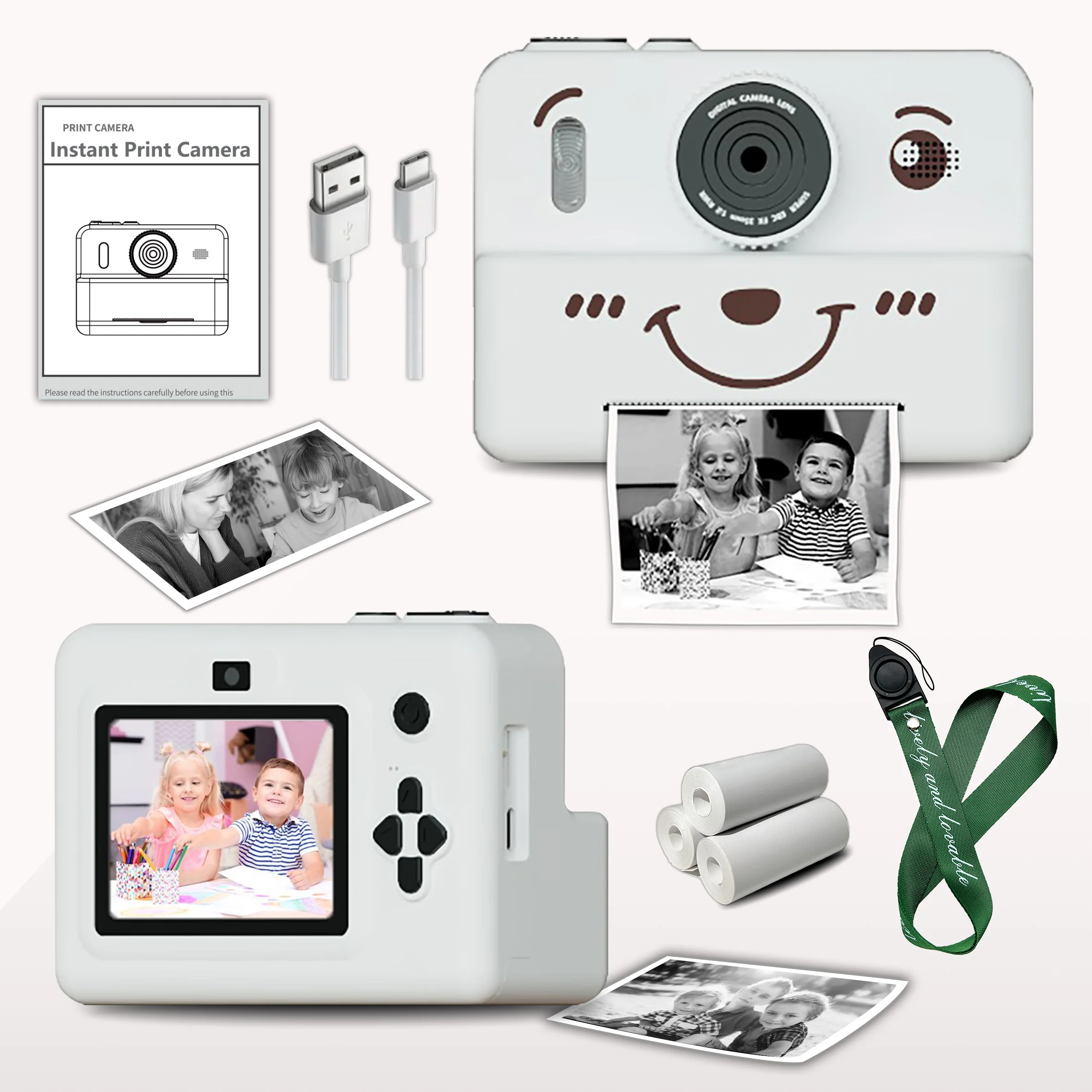 kids instant camera with 3 rolls thermal paper photo&video&games 1080p HD screen 1500mAh lithium battery  gift for boys&girls