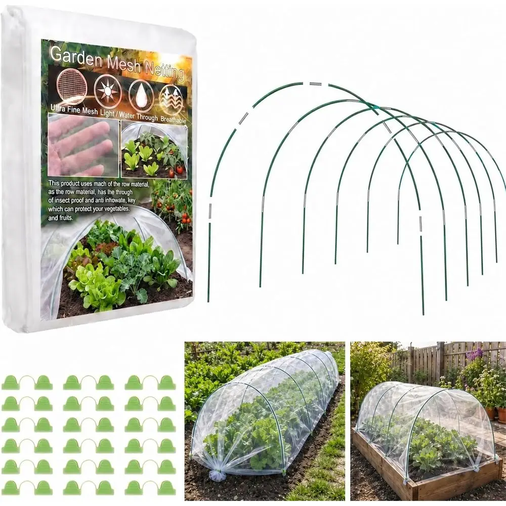 10x30ft Premium Garden Mesh Netting with 6 Hoops for Insect Protection and Plant Covering