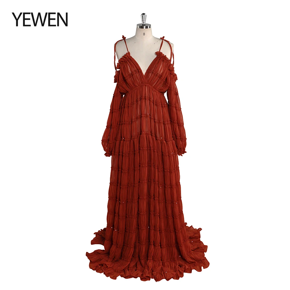 

Elegant Adjustable Shoulder Maternity Dress for Baby Shower Side Slit Boho Beach Gown Fancy Photo Shoot Dresses YEWEN