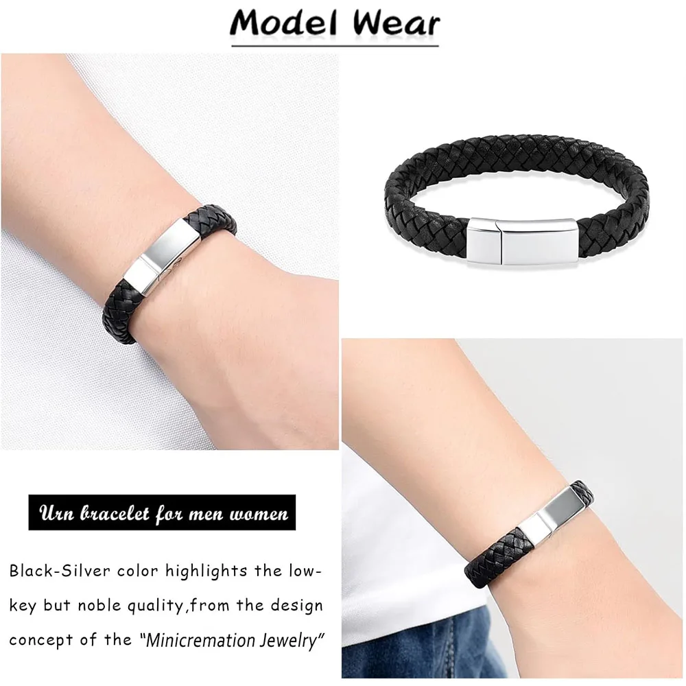 Cremation Jewelry Leather Bracelet Bangle Wristbands for Men Women Stainless Steel Magnetic Braided Cuff Jewelry Keepsake