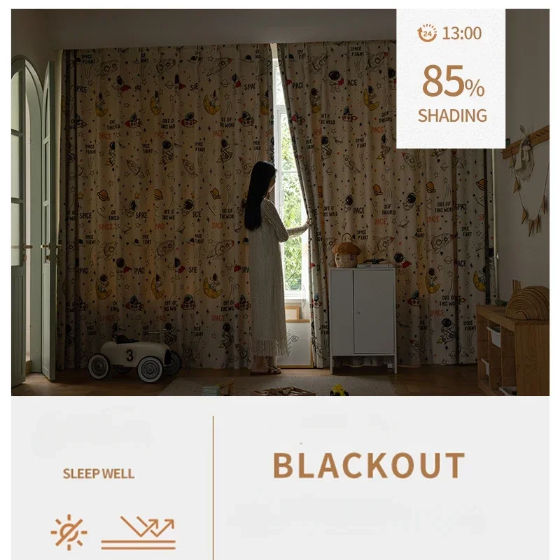 Children's Curtains New Blackout Curtains Boys Children's Room Bedroom Living Room Astronaut Printing Cartoon Curtains Custom