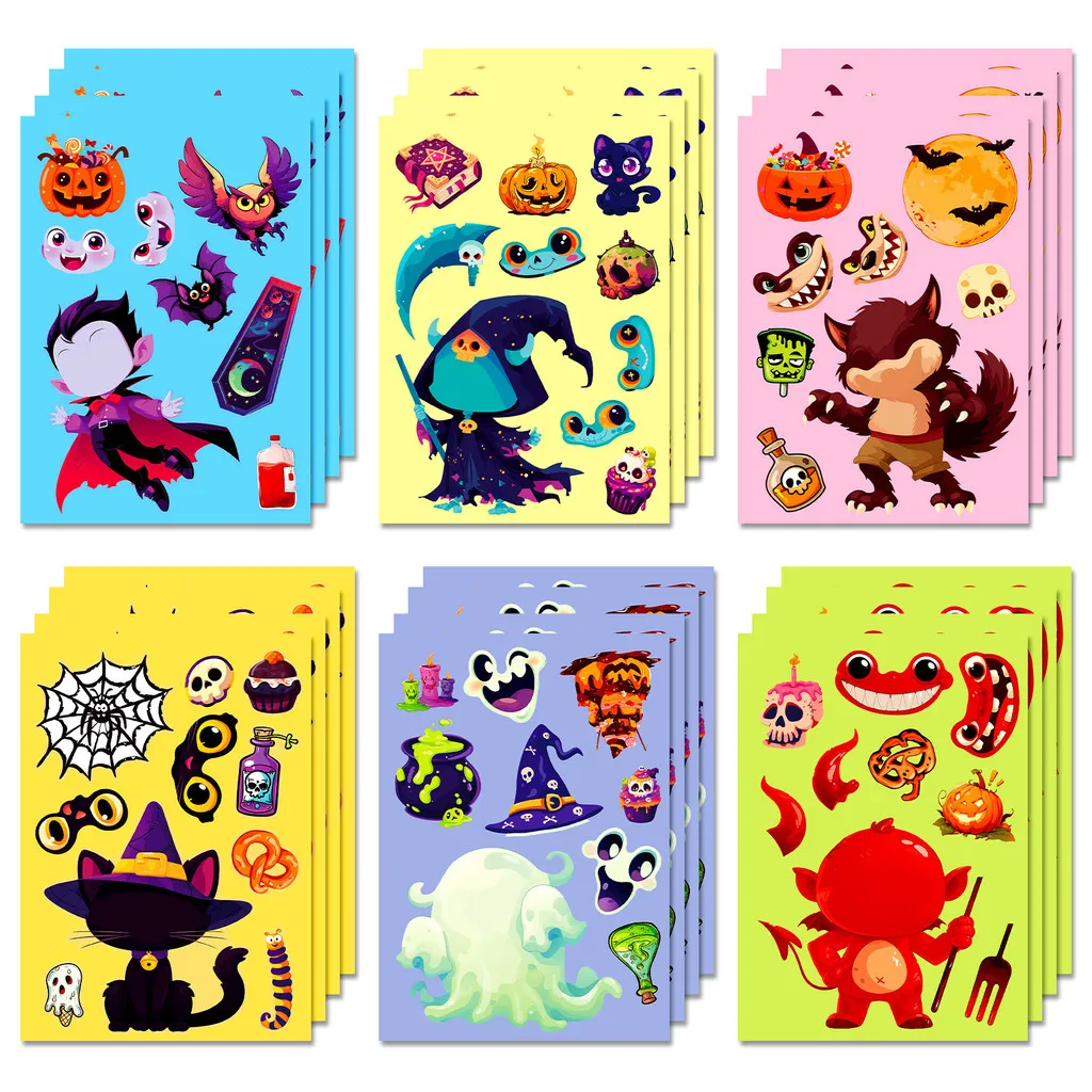 Halloween Mix‑Match Puzzle Sticker Set 6 Sheets Cartoon Graffiti Black Cat Vampire Themed Decals RecordingYourLife Store