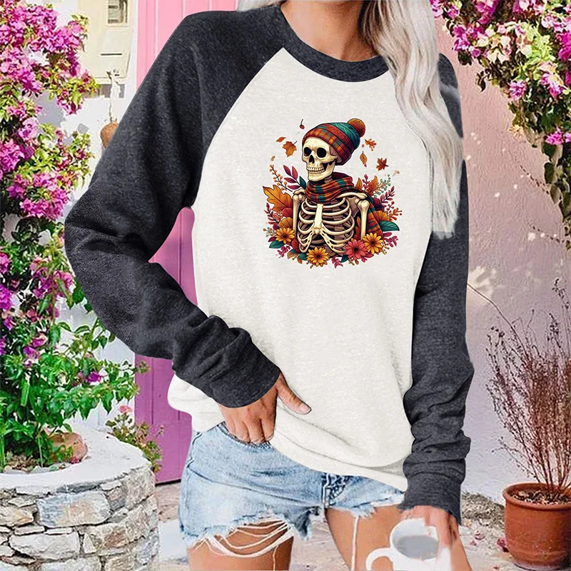 

Halloween Element Square Neck Long Sleeved T-shirt for Women's Spring and Autumn New Casual Loose Top New Korean