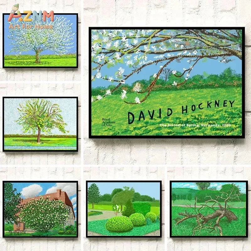 AZNM David Hockney Spring Normandy Landscape Canvas Print Green Garden White Blossom Tree Vintage Scenery Wall Poster Unframed H