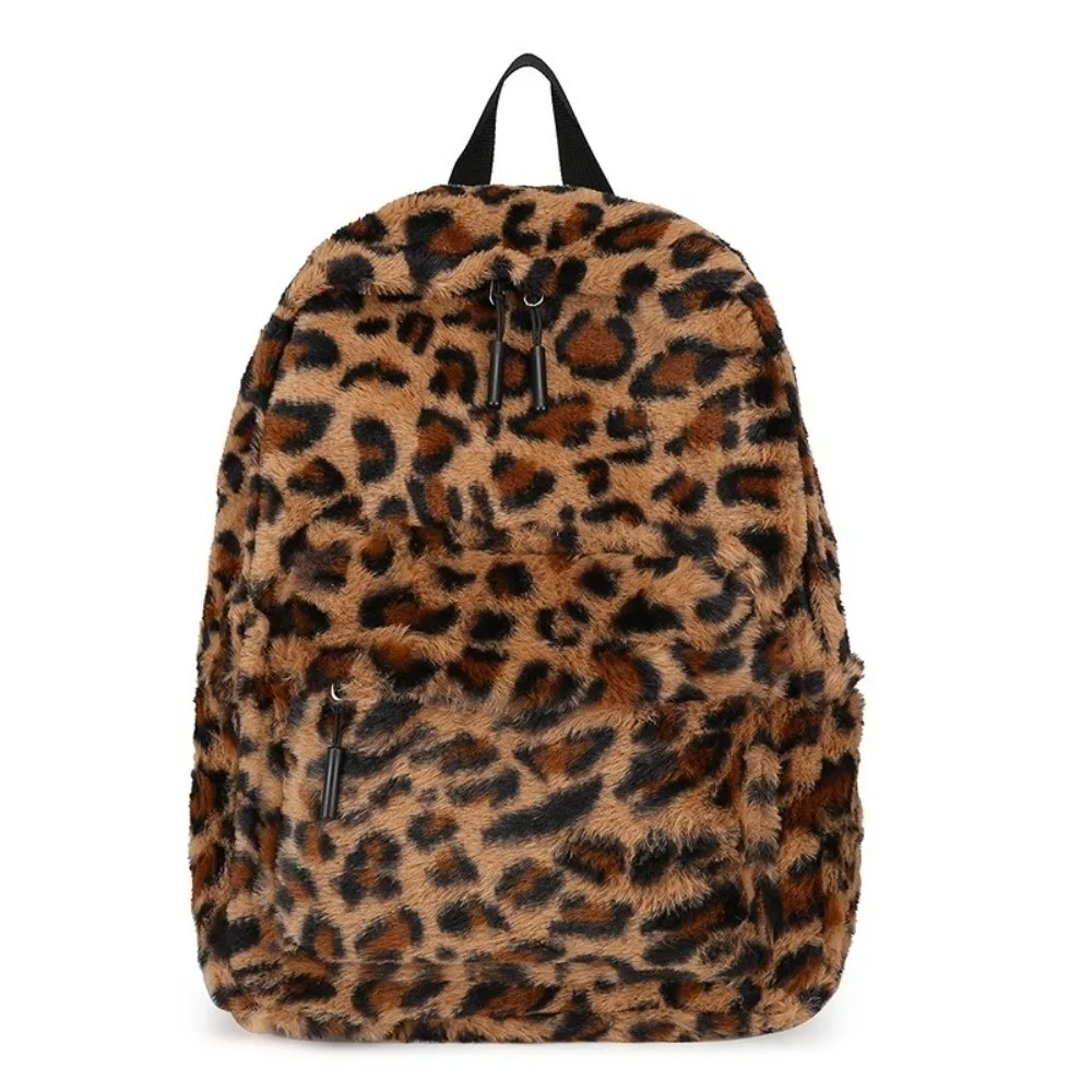 Portable Plush Leopard Print Backpack Harajuku Ulzzang Students School Bag Korean Style Large Capacity Students Daypack Kids
