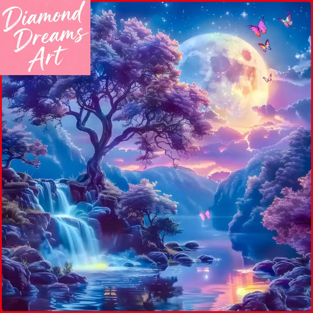 Rahmenlose, Querformat-Diamantmalerei: Mond-Diamantstickerei Komplettset, Baum-Mosaik-Kunst mit Vollrundbohrer, Feiertagsgeschenk