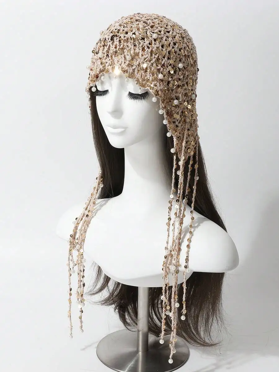 

Womens Handmade Crochet Beanie With Pearl Sequin Tassels Vintage Lightweight Skull Cap