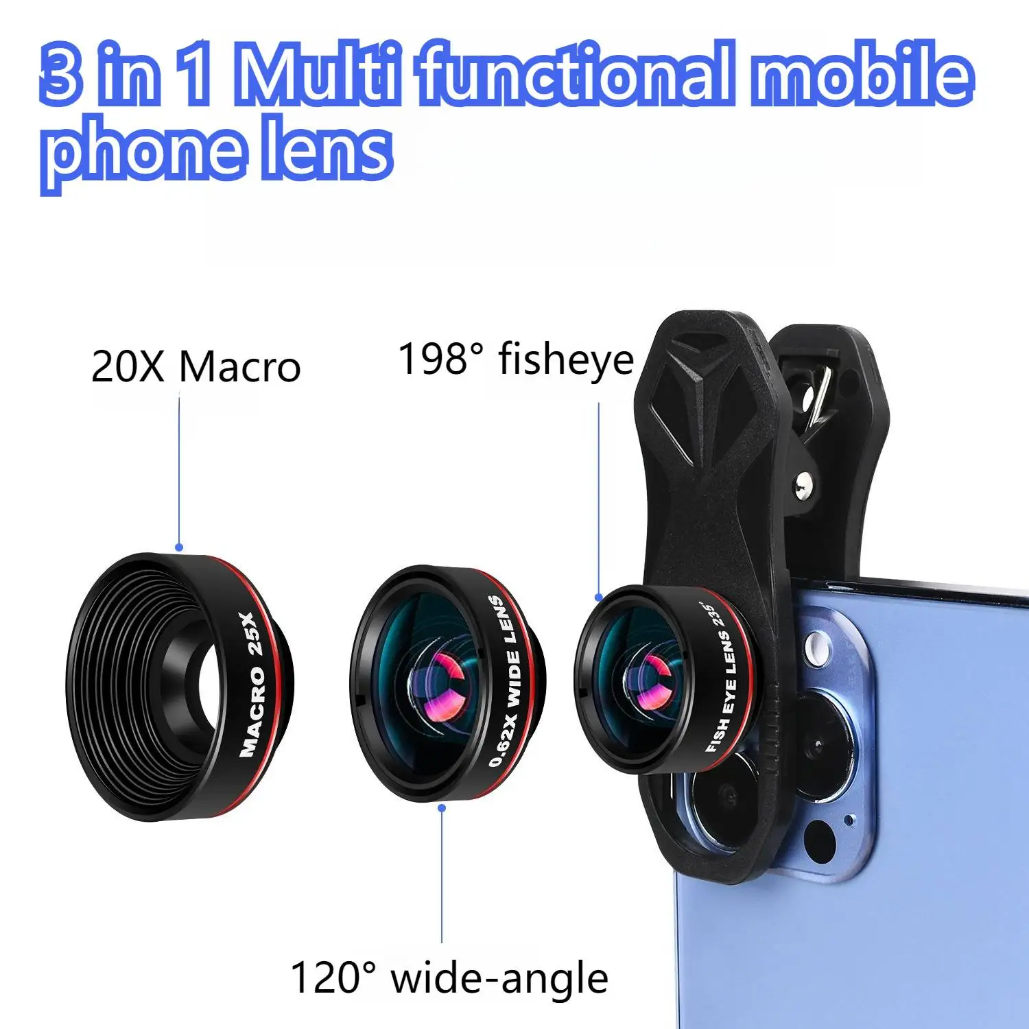 Universal 3 In 1 Phone Photography Lens Fish Eye Fisheye 0.62X Wide Angle 25X Macro Smartphone HD Camera Lens for iphone 12 13
