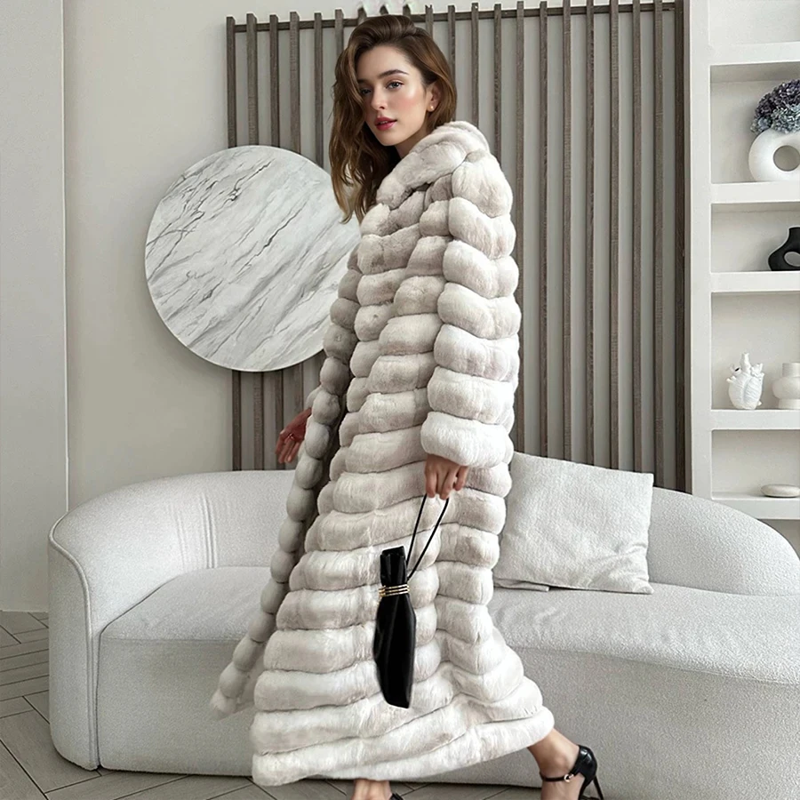 Women's Long Winter Fur Coat Women Natural Chinchilla Rabbit Fur Jacket For Women Warm Winter Best Selling Real Fur Coat